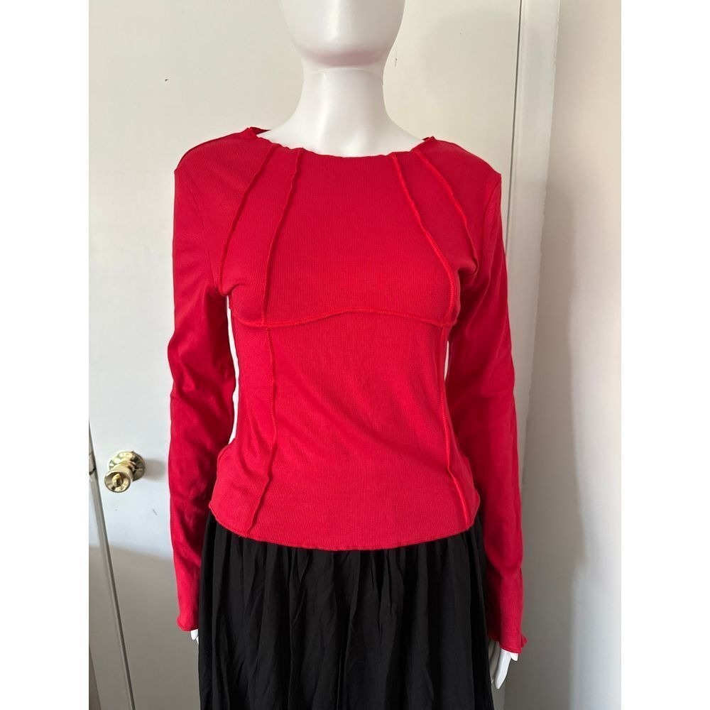Commense Red Long Sleeve Top Unique‎ Piping Seam Details Chic L